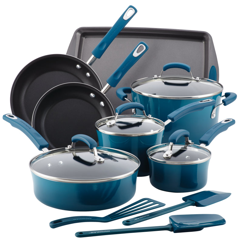 Rachael Ray Classic Brights Hard Enamel Nonstick Cookware Pots and Pans Set, 14-Piece, Marine Blue