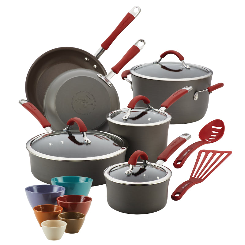 Rachael Ray Cucina Hard-Anodized Nonstick Cookware and Prep Bowl Set, 18-Piece, Gray with Cranberry Red Handles