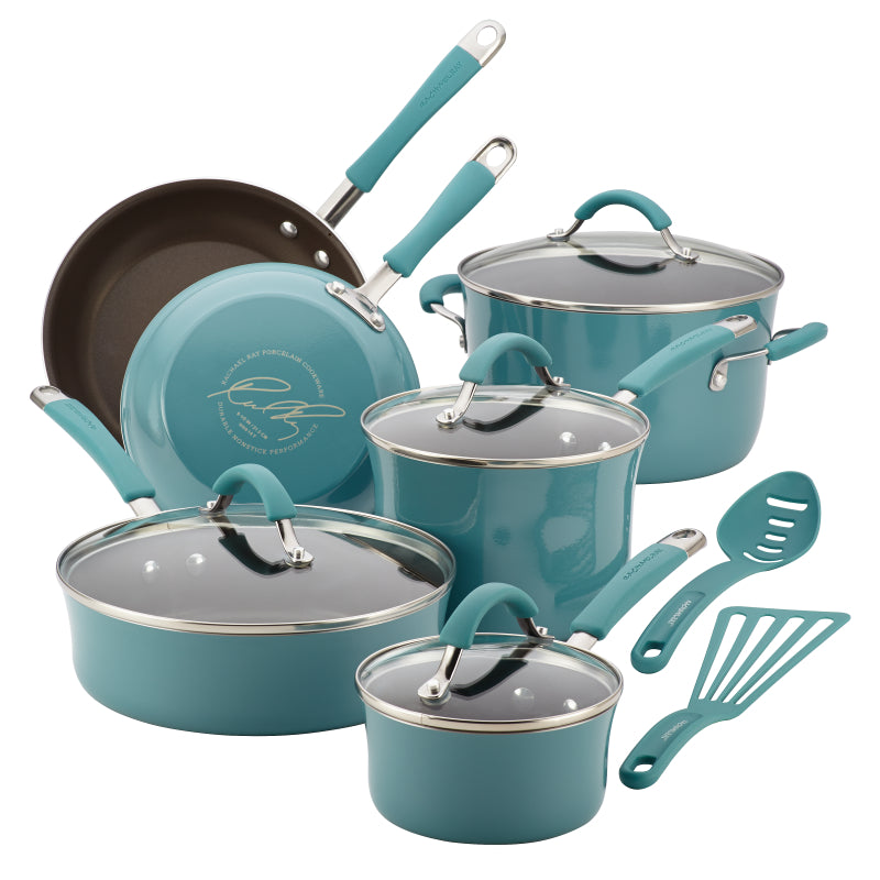 Rachael Ray Cucina Nonstick Cookware Pots and Pans Set, 12-Piece, Agave Blue