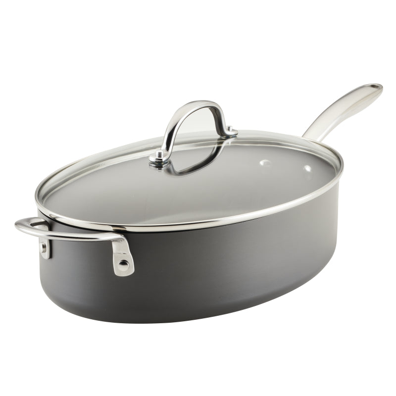 Rachael Ray Professional Hard Anodized Nonstick Cookware Oval Sauté Pan with Helper Handle and Lid, 5-Quart, Gray