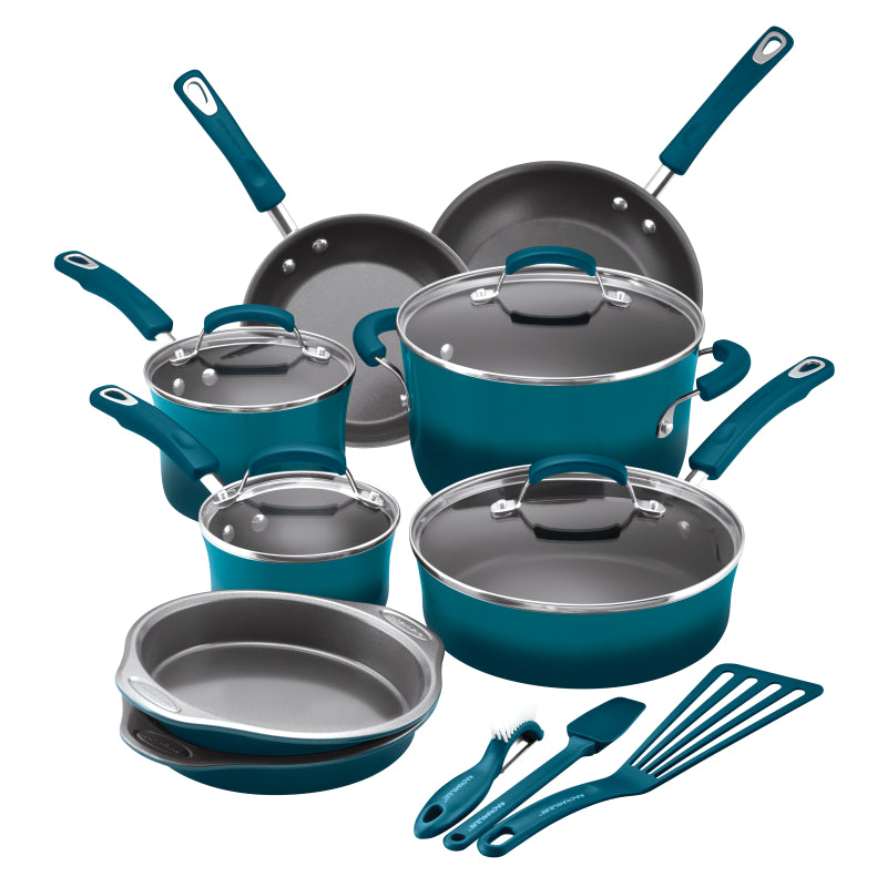 Rachael Ray Classic Brights Hard Porcelain Enamel Nonstick Cookware Set, 15-Piece, Marine Blue Gradient