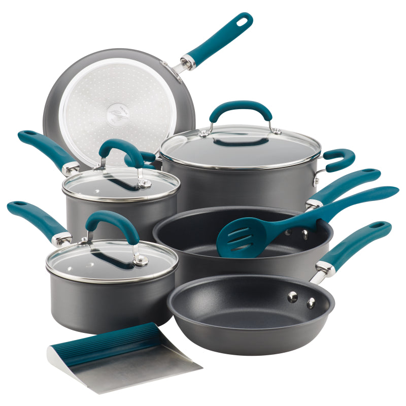 Rachael Ray Create Delicious Hard-Anodized Aluminum Nonstick Cookware Set, 11-Piece, Teal Handles