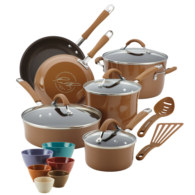 Rachael Ray Cucina Nonstick Cookware Pots and Pans Set, 18-Piece, Mushroom Brown