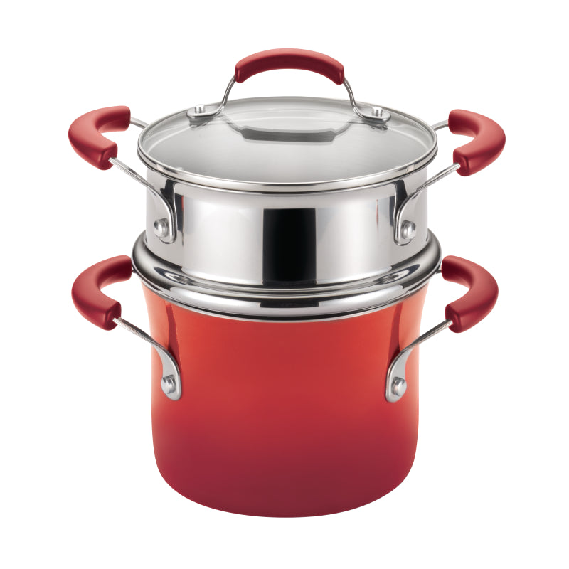 Rachael Ray Classic Brights Hard Enamel Nonstick Sauce Pot and Steamer Insert Set with Lid, 3-Quart, Red Gradient