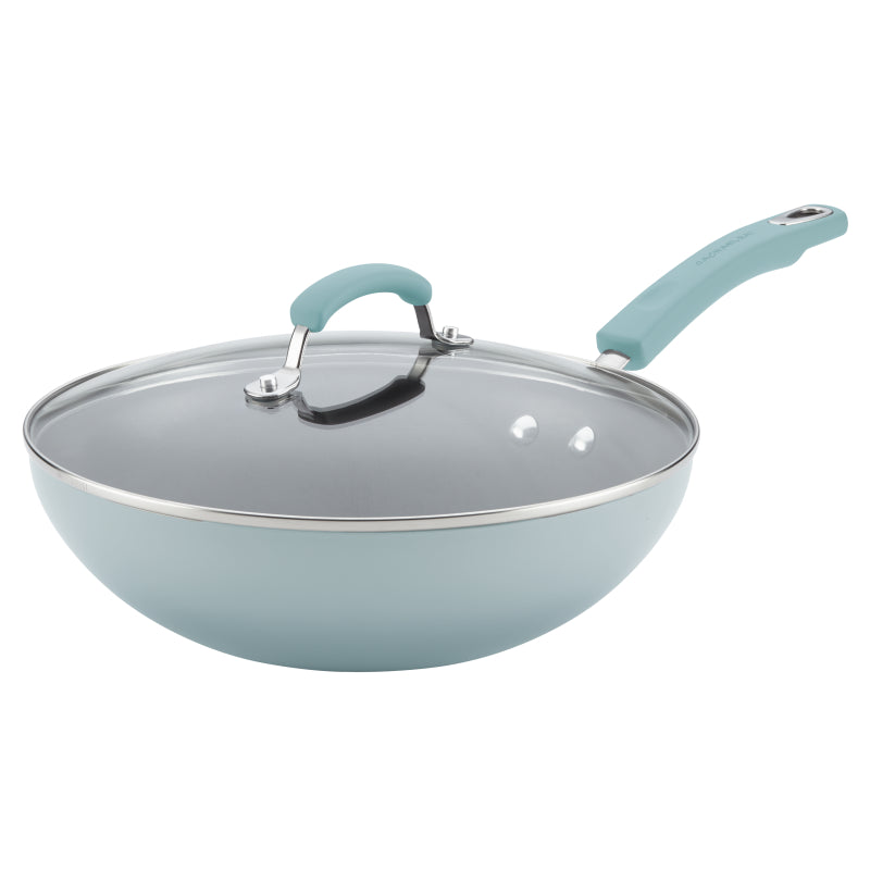 Rachael Ray Classic Brights Aluminum Nonstick Stir Fry Pan with Glass Lid, 11-Inch, Sky Blue