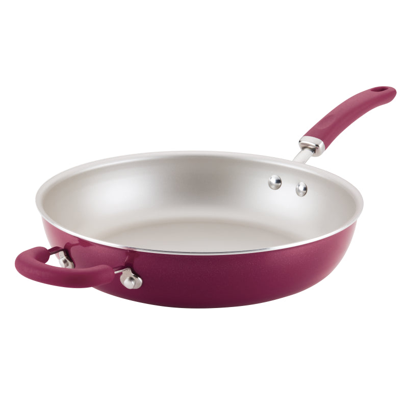 Rachael Ray Create Delicious Aluminum Nonstick Induction Deep Frying Pan, 12.5-Inch, Burgundy Shimmer