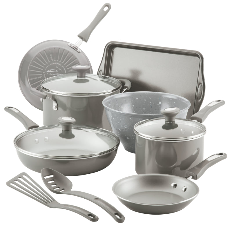 Rachael Ray Get Cooking! Aluminum Nonstick Cookware Pots and Pans Set, 12-Piece, Gray