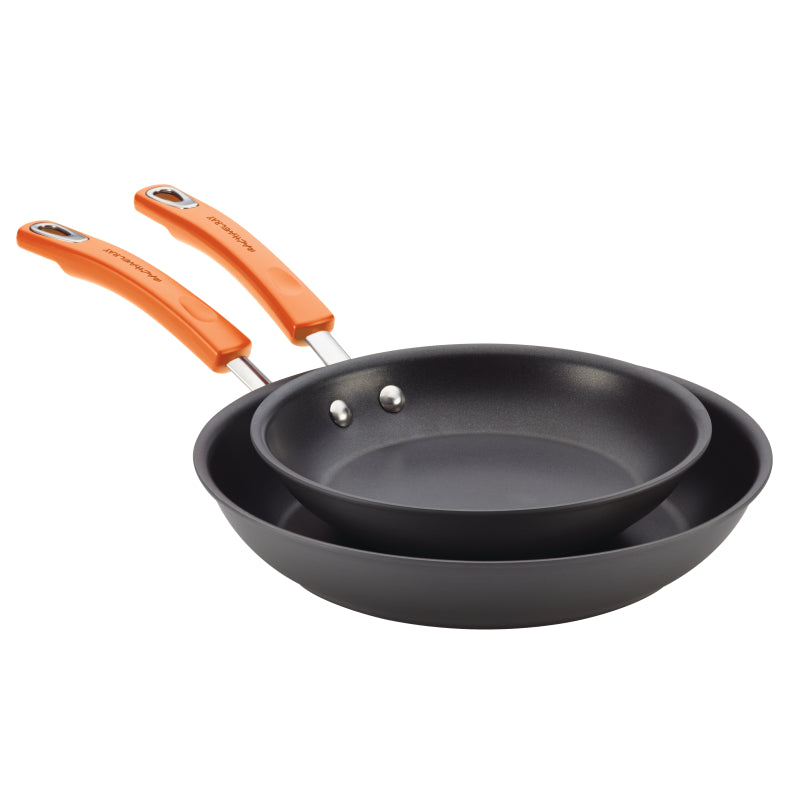 Rachael Ray Hard Anodized Aluminum Nonstick Frying Pan Set, 2-Piece, Gray with Orange Handles