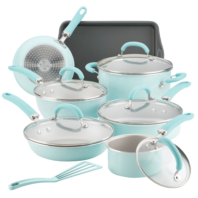 Rachael Ray Create Delicious Aluminum Nonstick Cookware Induction Pots and Pans Set, 13-Piece, Light Blue Shimmer