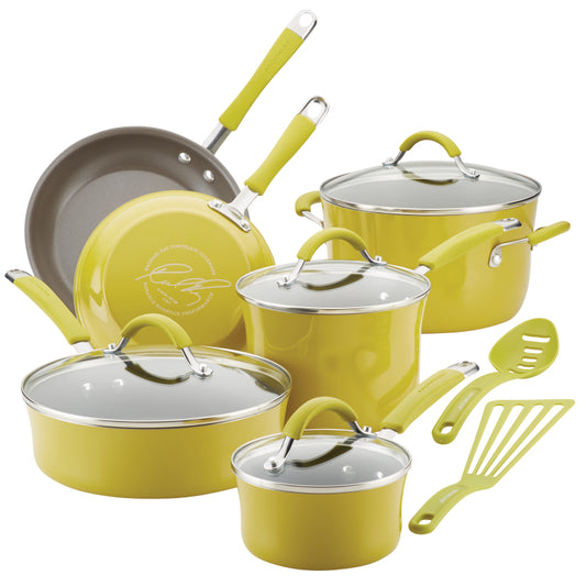 Rachael Ray Cucina Nonstick Cookware Pots and Pans Set, 12-Piece, Lemongrass Green