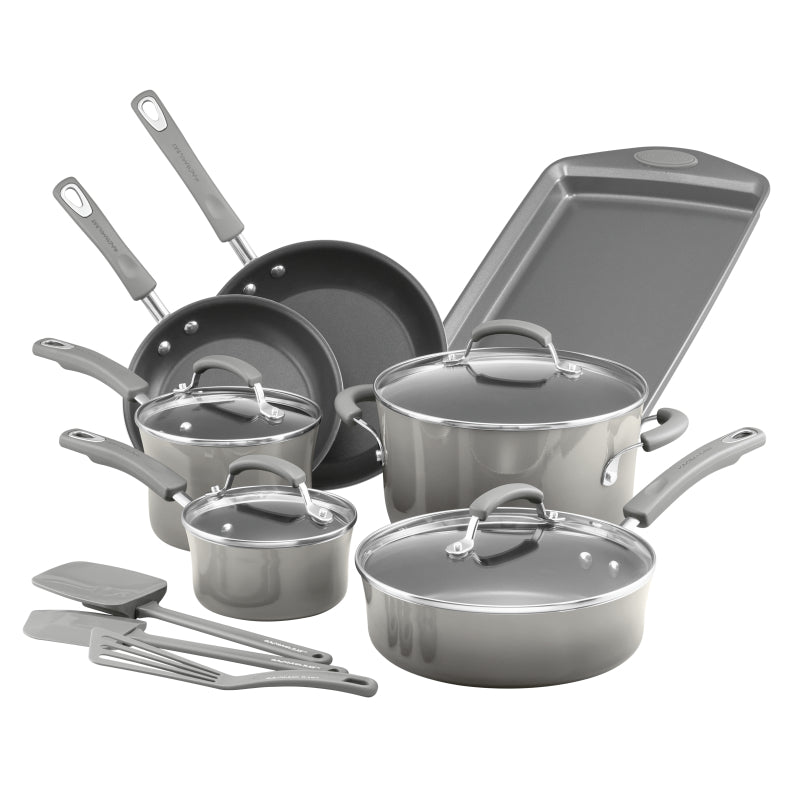 Rachael Ray Classic Brights Porcelain Enamel Nonstick Cookware Set with Bakeware and Utensils, 14-Piece, Sea Salt Gray