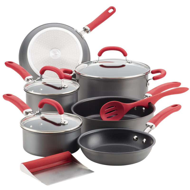 Rachael Ray Create Delicious Hard-Anodized Aluminum Nonstick Cookware Induction Pots and Pans Set, 11-Piece, Red Handles