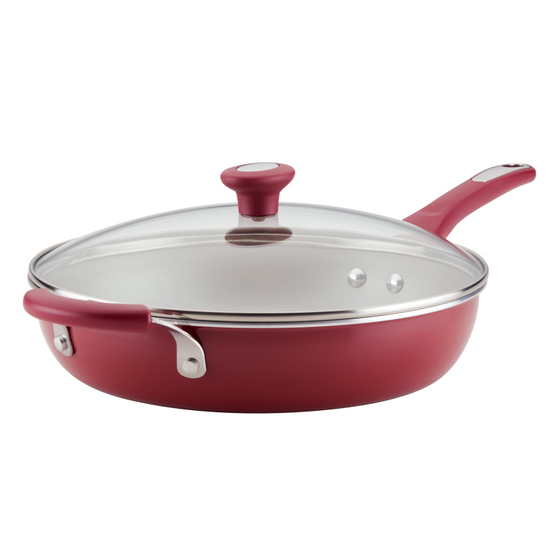 Rachael Ray Get Cooking! Aluminum Nonstick Deep Skillet with Lid, 12.5-Inch, Burgundy