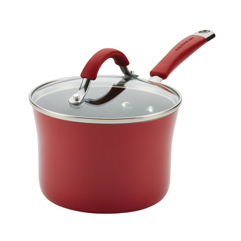 Rachael Ray Cucina Hard Porcelain Enamel Nonstick Sauce Pot with Lid, 2-Quart, Cranberry Red