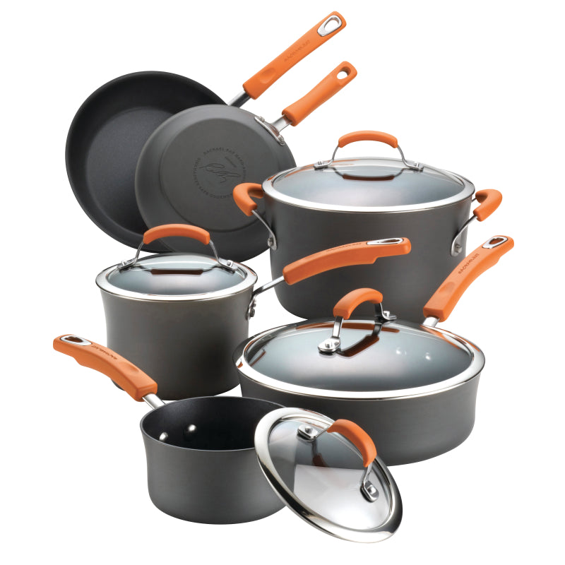 Rachael Ray Brights Hard-Anodized Nonstick Cookware Pots and Pans Set, 10-Piece, Gray with Orange Handles