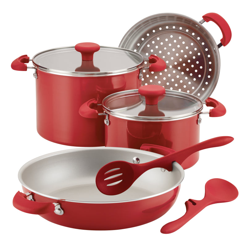 Rachael Ray Get Cooking! Stackable Nonstick Cookware Set, 8-Piece, Red