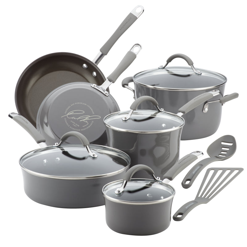 Rachael Ray Cucina Nonstick Cookware Pots and Pans Set, 12-Piece, Sea Salt Gray