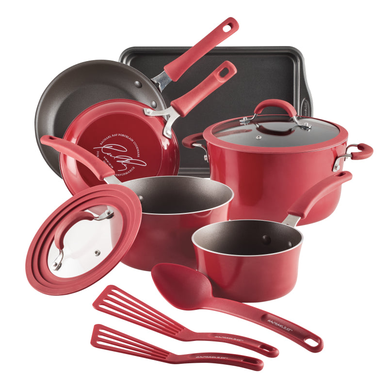 Rachael Ray Cook + Create Aluminum Nonstick Cookware Set, 11-Piece, Red