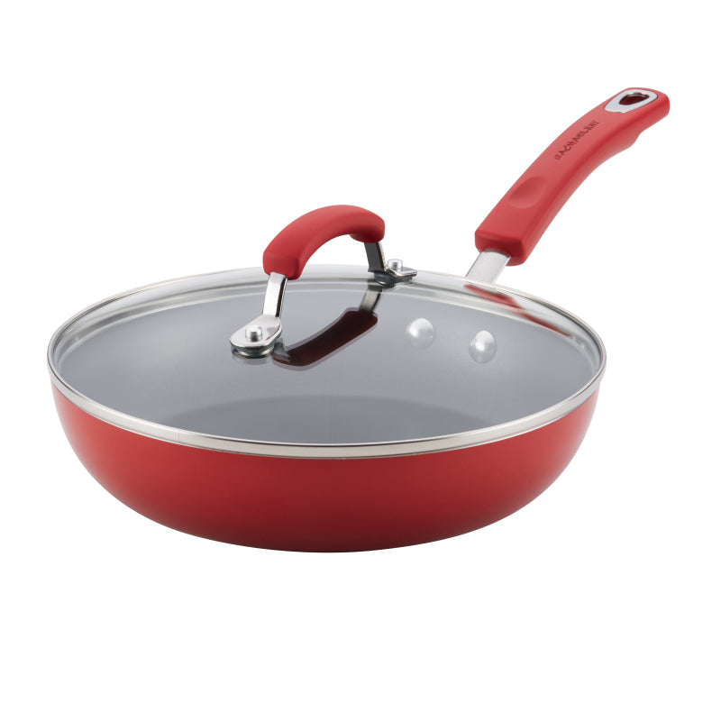 Rachael Ray Classic Brights Hard Enamel Nonstick Deep Frying Pan, 9.5-Inch, Red