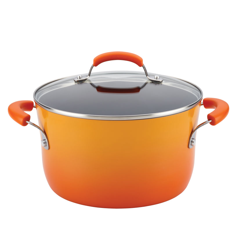 Rachael Ray Classic Brights Hard Enamel Aluminum Nonstick Stockpot with Lid, 6-Quart, Orange Gradient