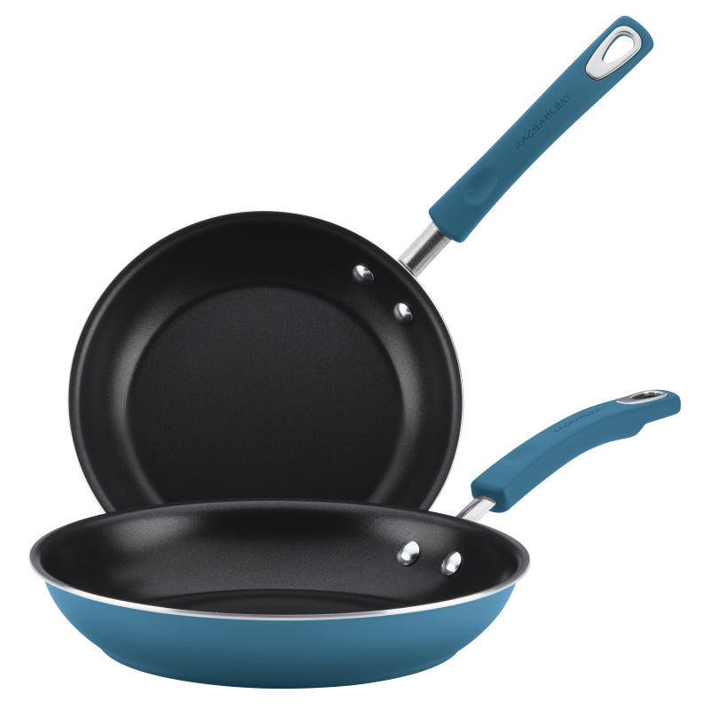 Rachael Ray Classic Brights Hard Enamel Aluminum Nonstick Frying Pan Set, 9.25-Inch & 11-Inch, Marine Blue