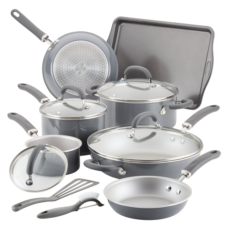 Rachael Ray Create Delicious Aluminum Nonstick Cookware Induction Pots and Pans Set, 13-Piece, Gray Shimmer