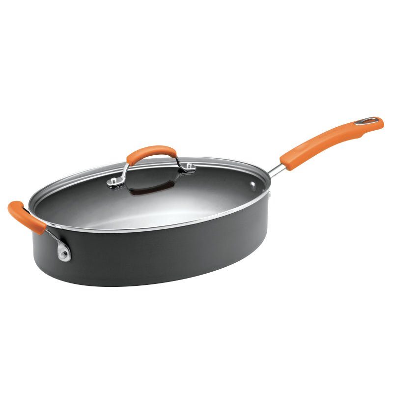 Rachael Ray Hard-Anodized Nonstick Oval Sauté Pan with Lid, 5-Quart, Gray and Orange