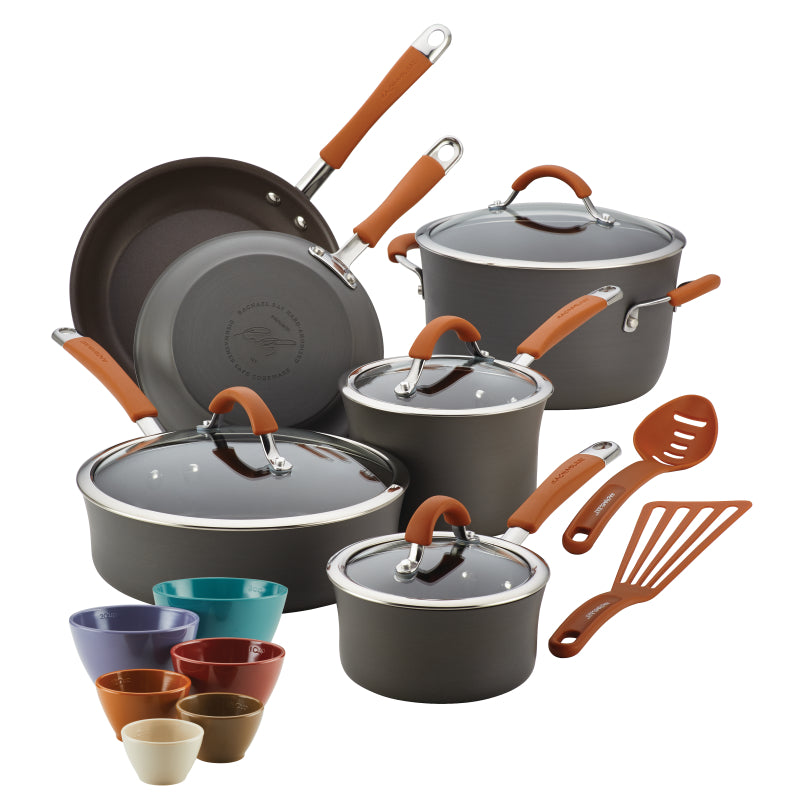 Rachael Ray Cucina Hard-Anodized Nonstick Cookware and Prep Bowl Set, 18-Piece, Gray with Pumpkin Orange Handles