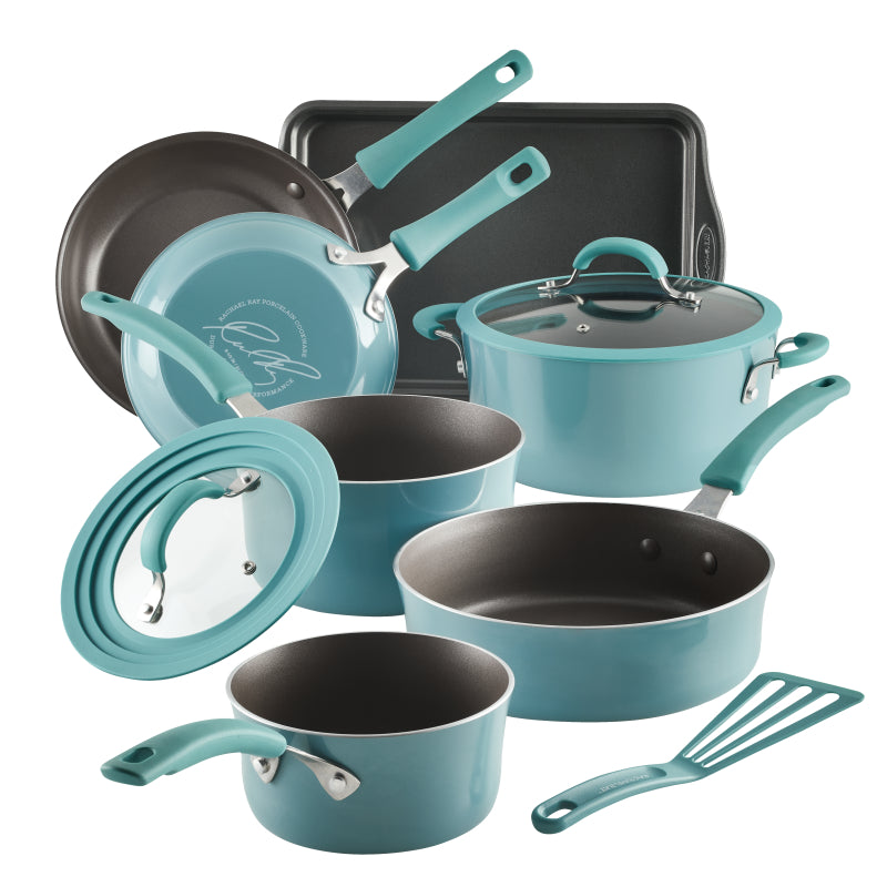 Rachael Ray Cook + Create Aluminum Nonstick Cookware Set, 10-Piece, Agave Blue