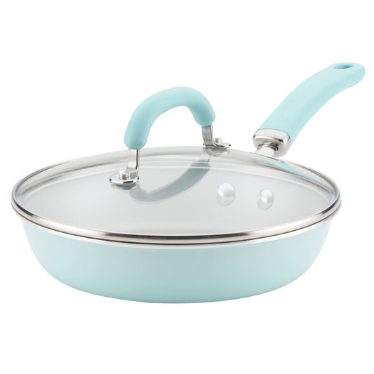 Rachael Ray Create Delicious Aluminum Nonstick Induction Deep Frying Pan with Lid, 9.5-Inch, Light Blue Shimmer