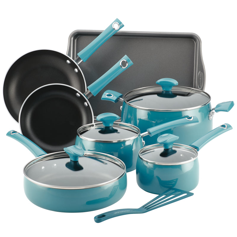 Rachael Ray Cityscapes Porcelain Enamel Nonstick Cookware Set, Turquoise, 12-Piece