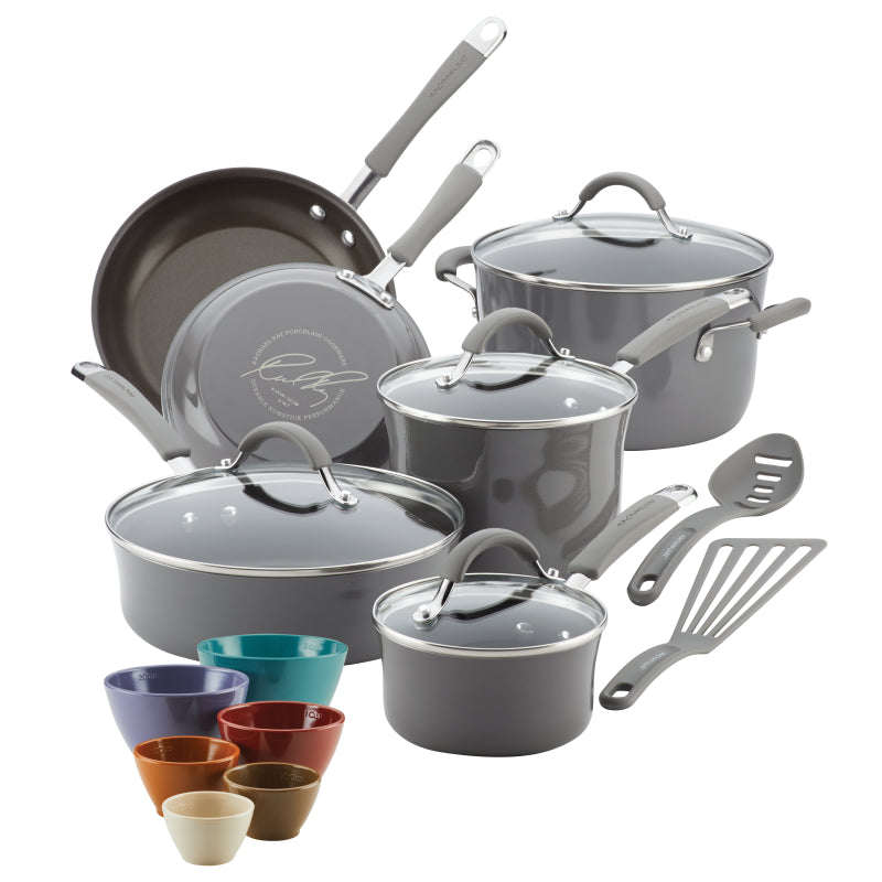 Rachael Ray Cucina Nonstick Cookware Pots and Pans Set, 18-Piece, Sea Salt Gray