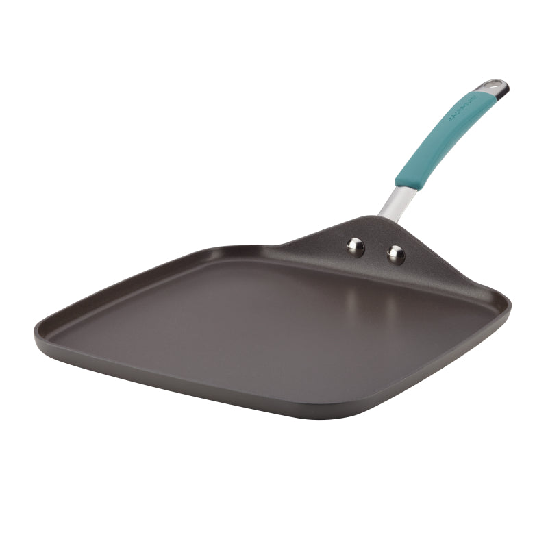 Rachael Ray Cucina Hard-Anodized Nonstick Shallow Griddle Pan, 11-Inch, Gray with Agave Blue Handle