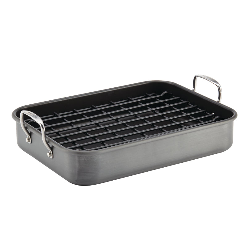 Rachael Ray Bakeware Hard-Anodized Nonstick Roaster with Dual-Height Rack, 16-Inch x 12-Inch