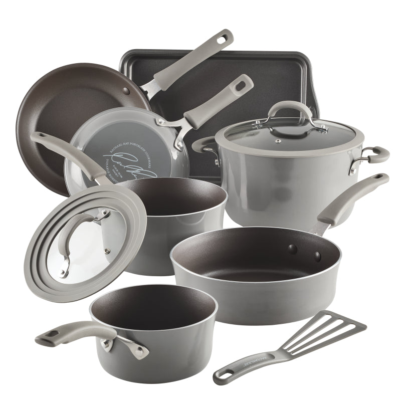 Rachael Ray Cook + Create Aluminum Nonstick Cookware Set, 10-Piece, Gray