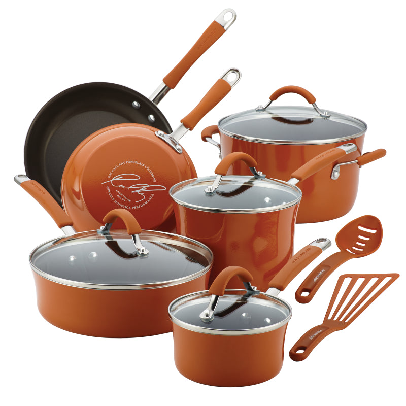 Rachael Ray Cucina Nonstick Cookware Pots and Pans Set, 12-Piece, Pumpkin Orange