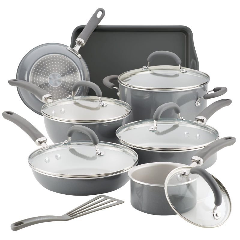 Rachael Ray Create Delicious Aluminum Nonstick Cookware Induction Pots and Pans Set, 13-Piece, Gray Shimmer