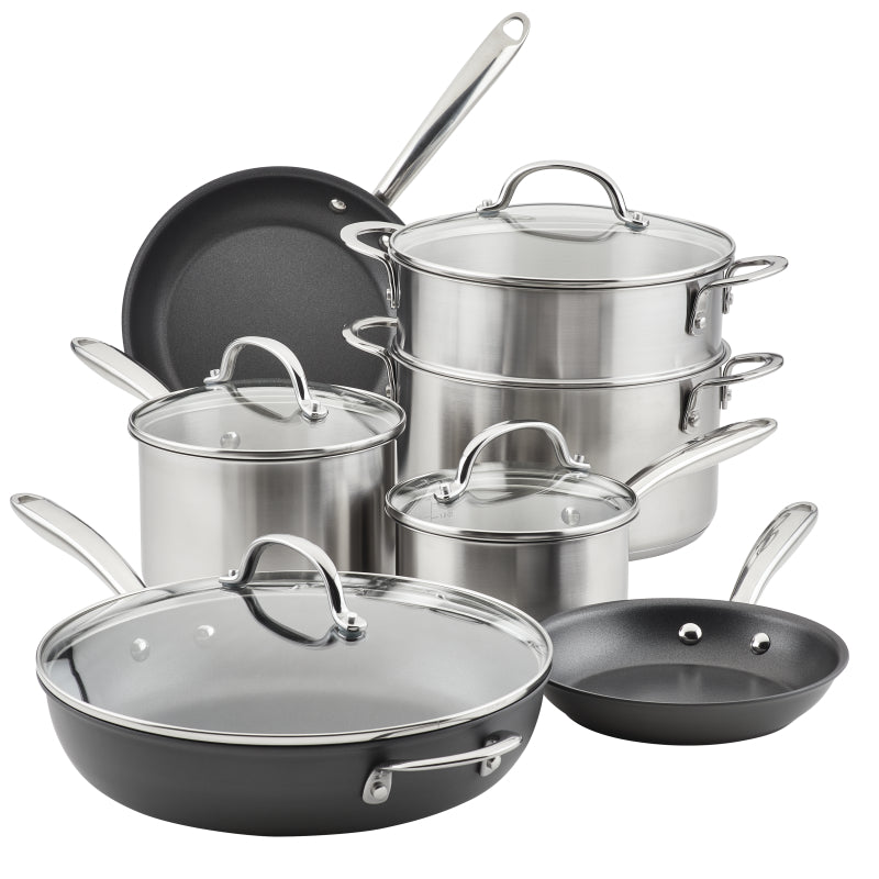 Rachael Ray Professional Stainless Steel and Hard Anodized Nonstick Cookware Induction Pots and Pans Set, 11-Piece