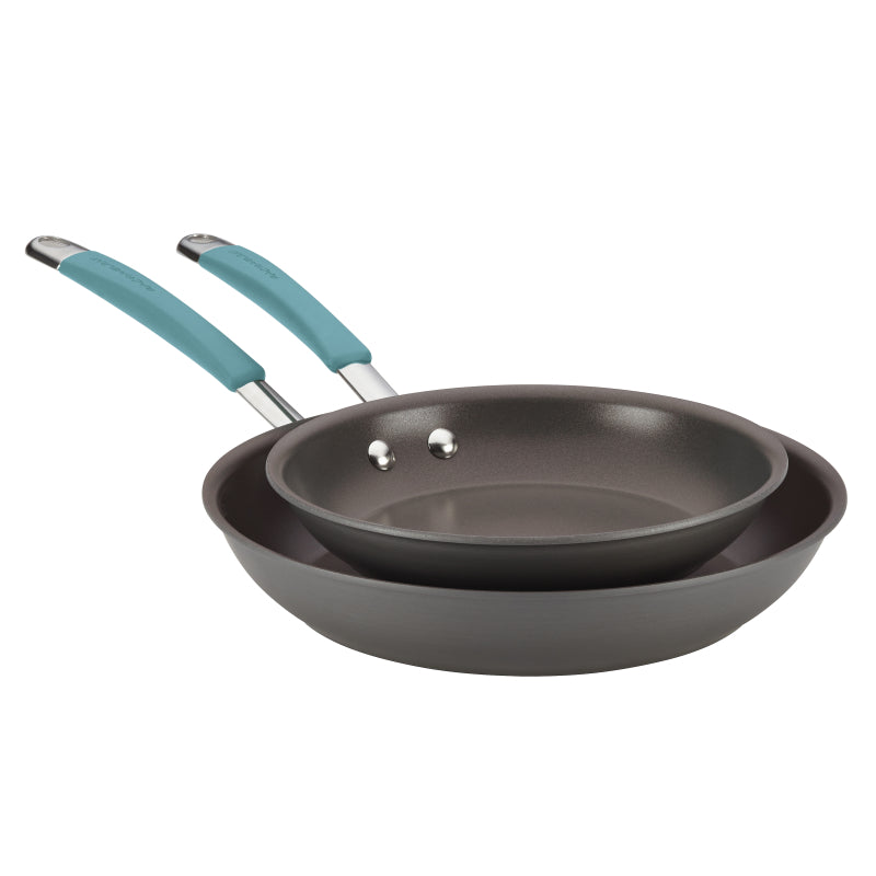 Rachael Ray Cucina Hard-Anodized Nonstick Frying Pan Set, 2-Piece, Gray with Agave Blue Handles