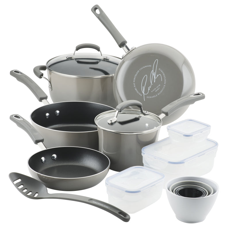 Rachael Ray Classic Brights Nonstick Cookware Set with LocknLock Containers, 19-Piece, Sea Salt Gray