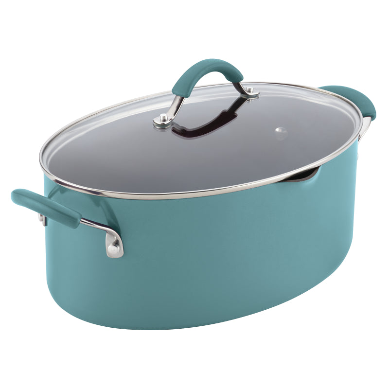 Rachael Ray Cucina Hard Porcelain Enamel Nonstick Pasta Stockpot with Lid and Spout, 8-Quart, Agave Blue