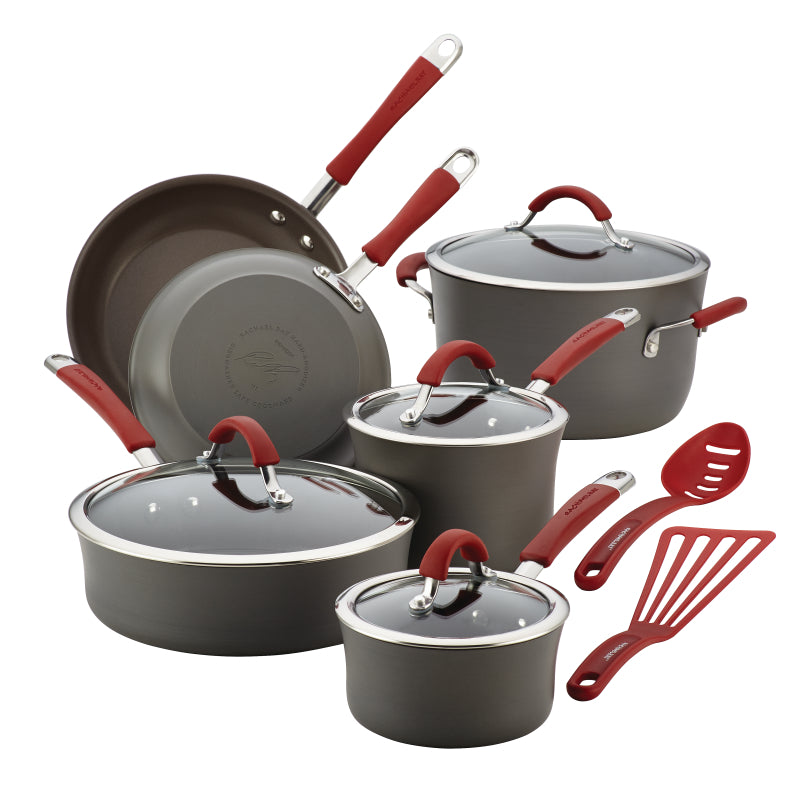 Rachael Ray Cucina Hard-Anodized Nonstick Cookware Set, 12-Piece, Gray with Cranberry Red Handles