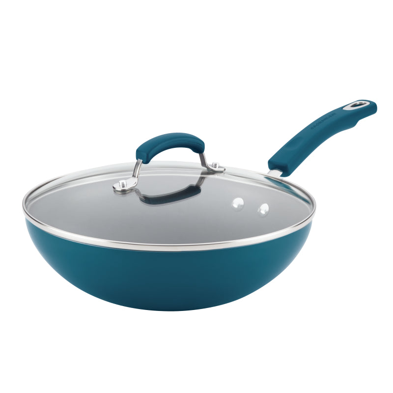 Rachael Ray Classic Brights Aluminum Nonstick Stir Fry Pan with Glass Lid, 11-Inch, Marine Blue Gradient Hard Enamel