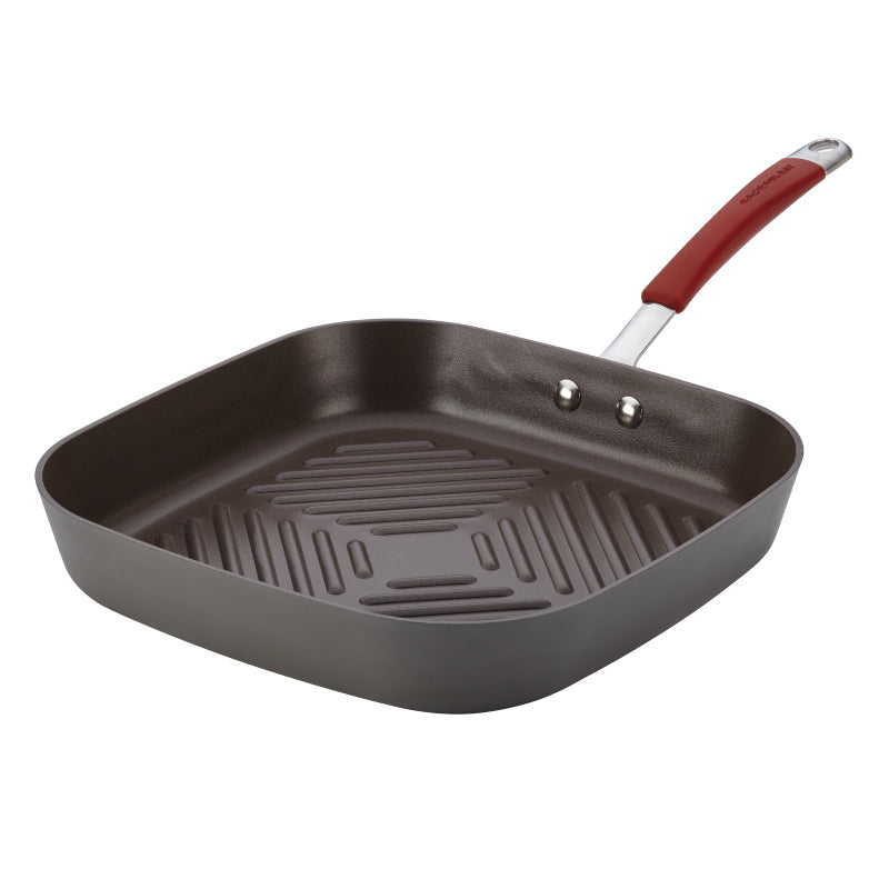 Rachael Ray Cucina Hard-Anodized Nonstick Deep Grill Pan, 11-Inch, Gray with Cranberry Red Handle