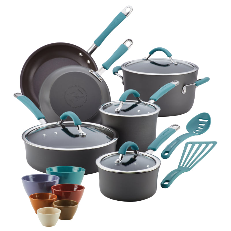 Rachael Ray Cucina Hard-Anodized Nonstick Cookware and Prep Bowl Set, 18-Piece, Gray with Agave Blue Handles