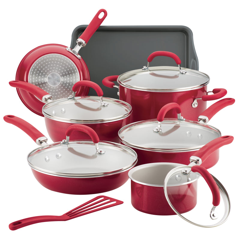 Rachael Ray Create Delicious Aluminum Nonstick Cookware Induction Pots and Pans Set, 13-Piece, Red Shimmer