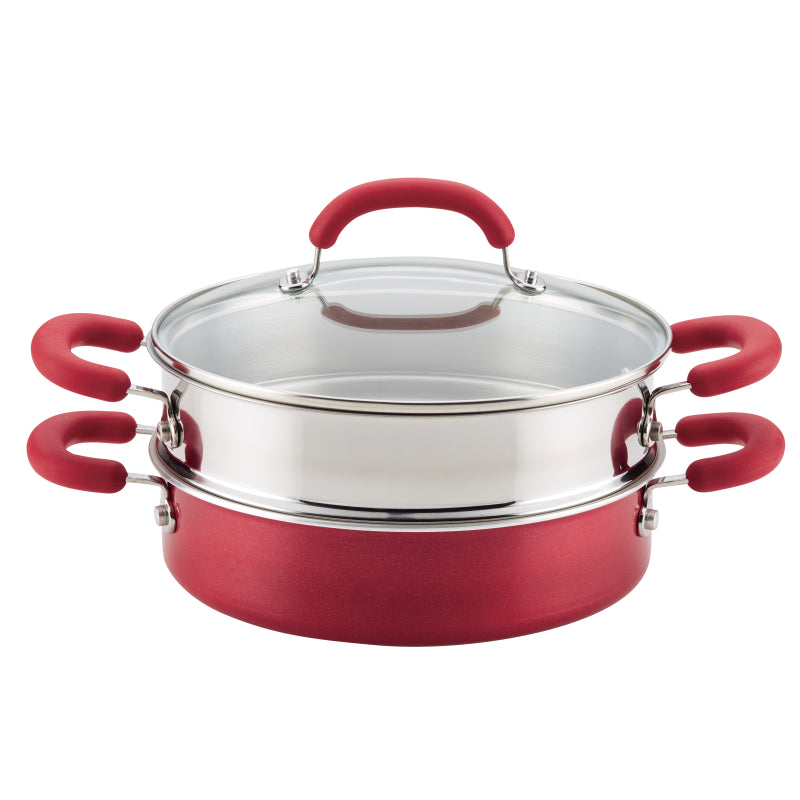 Rachael Ray Create Delicious Aluminum Nonstick Induction Steamer Set, 3-Quart, Red Shimmer