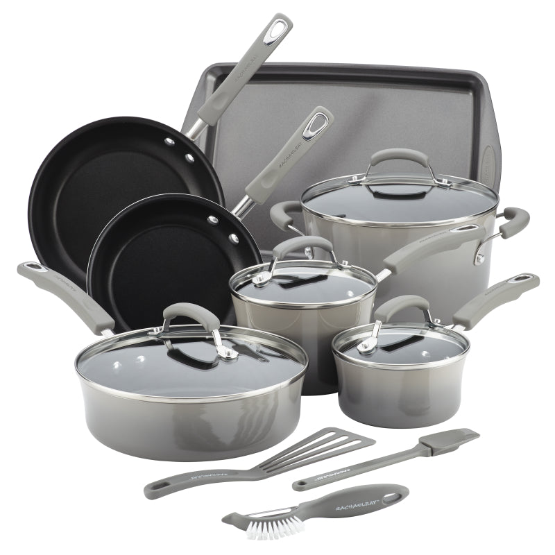 Rachael Ray Classic Brights Hard Enamel Aluminum Nonstick Cookware Set, 14-Piece, Sea Salt Gray