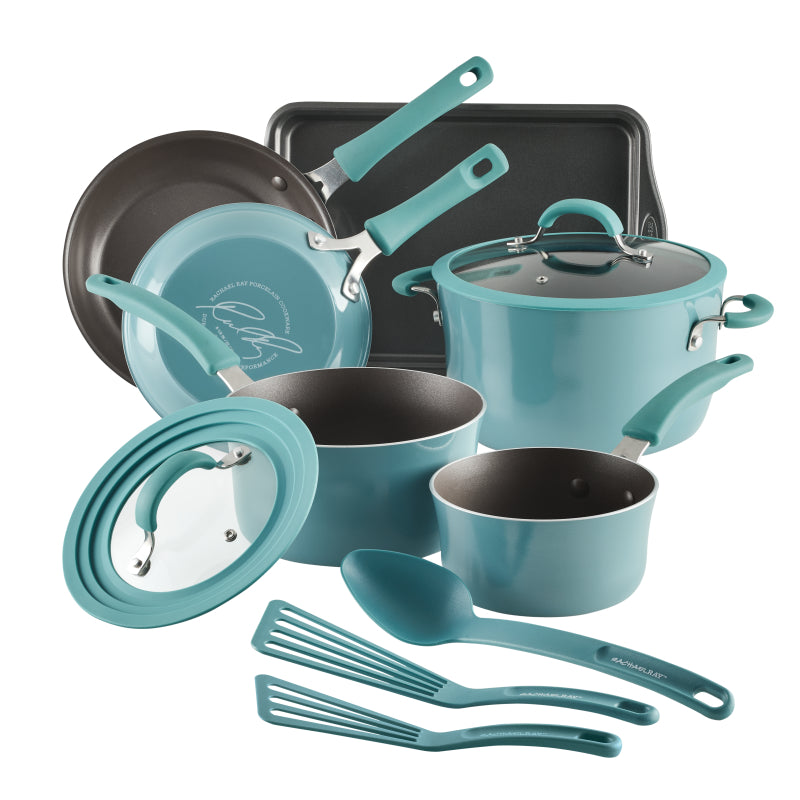 Rachael Ray Cook + Create Aluminum Nonstick Cookware Set, 11-Piece, Agave Blue