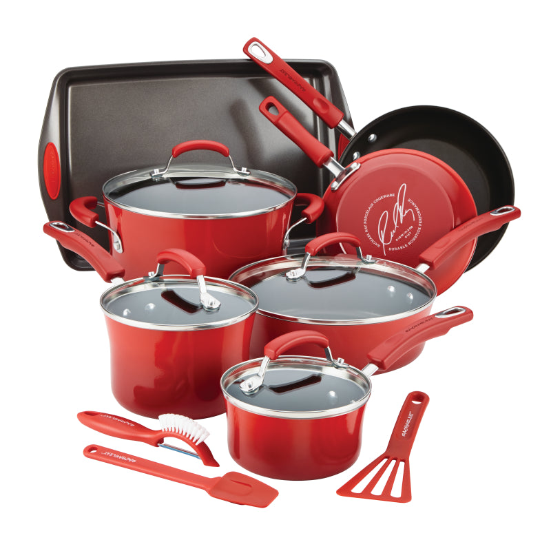 Rachael Ray Classic Brights Hard Enamel Nonstick Cookware Pots and Pans Set, 14-Piece, Red